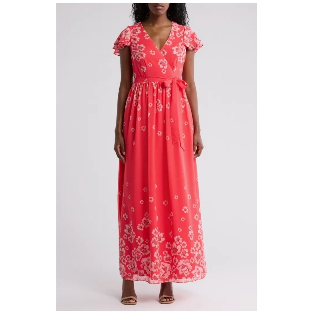 NWT Eliza J Size 6 Coral Pink Floral Flutter Sleeve Faux Wrap Maxi Dress